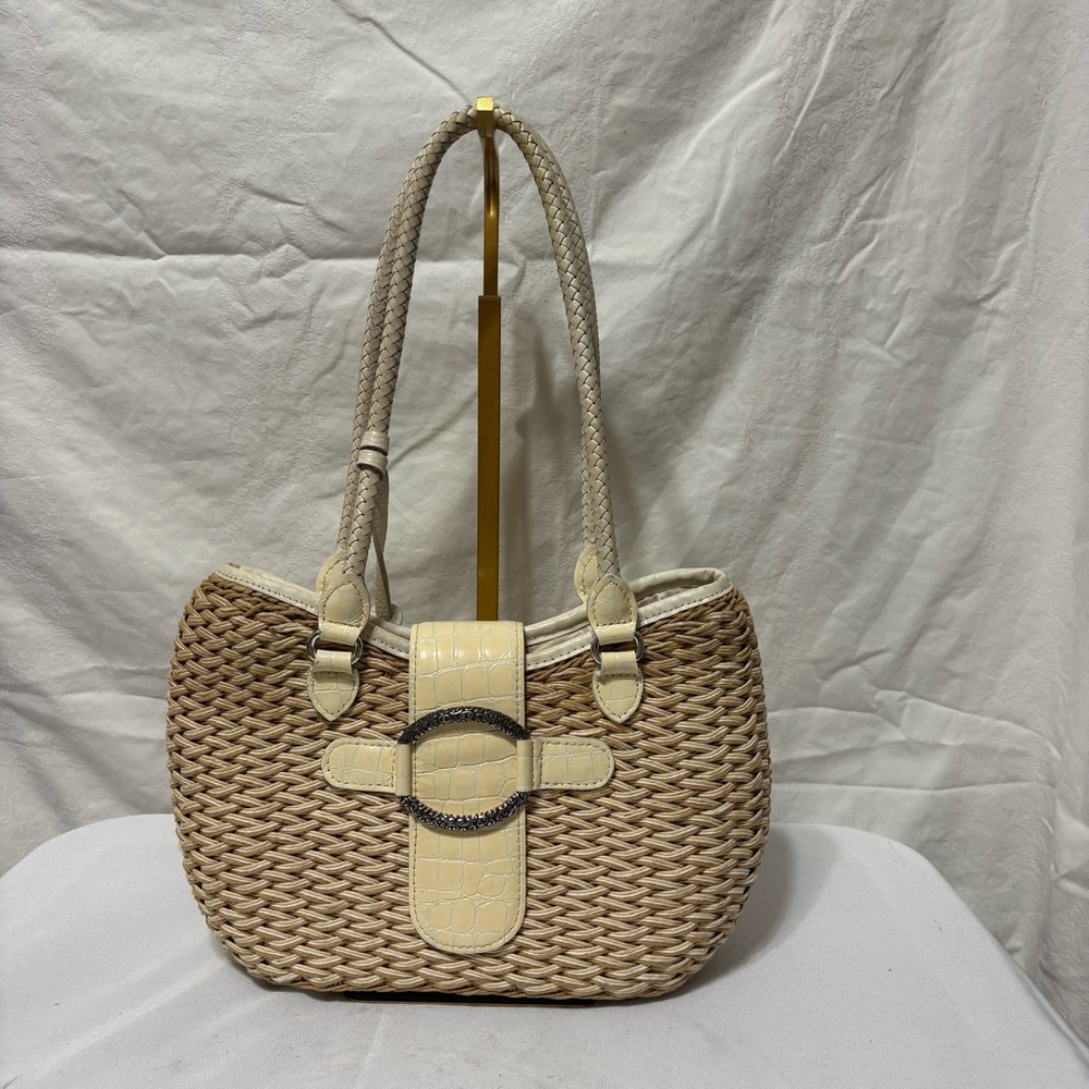 Brighton woven straw and off-white leather shoulder bag